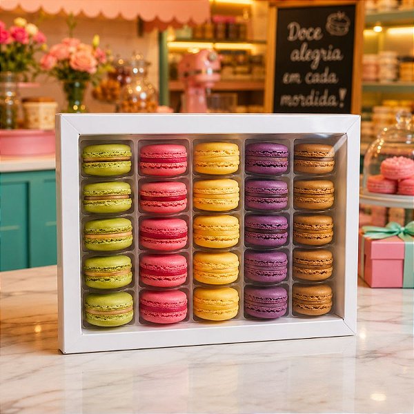 Caixa para 20 Macarons com Berço Ref. M20BCB Branco - 14,5x20,5x5cm - 1 Unidade - San Felipo Rizzo Confeitaria​
