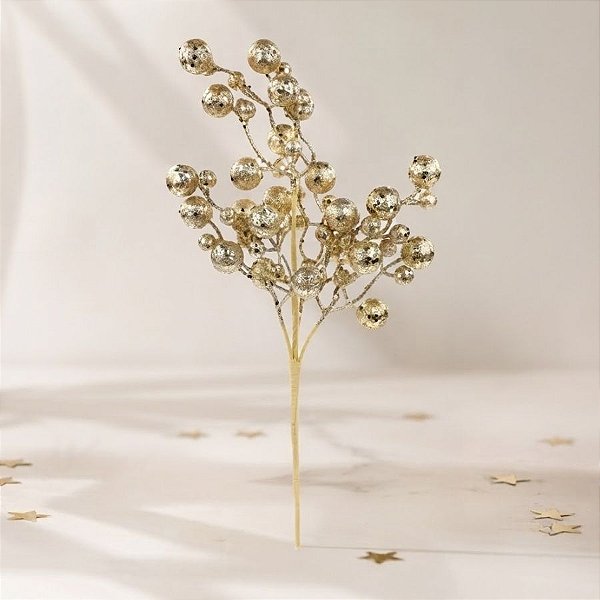 Galho Curto Decorativo - Frutas Dourado com Glitter e Lantejoulas - 29cm - 1 unidade - Cromus - Rizzo