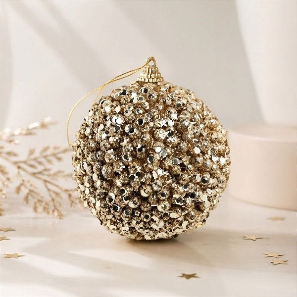 Bola de Natal - Dourado Flocada Com Lantejoulas - 10cm - 4 unidades - Cromus - Rizzo