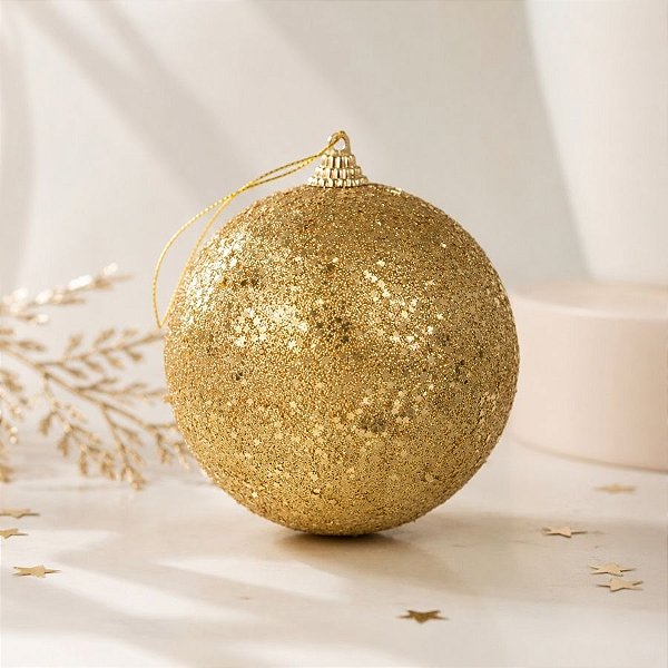 Bola de Natal - Trabalhada Dourado com Gliter e Lantejoulas - 8cm - 6 unidades - Cromus - Rizzo