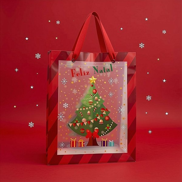 Sacola Transparente Fosca Com Alça De Fibra Vermelha - Pinheiro de Natal - 25x20x7cm - 1 unidade - Rizzo