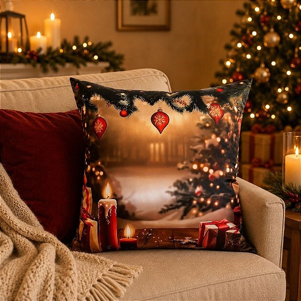 Almofada de Natal - Cenário Natalino com Árvore - 43x43cm - 1 unidade - Rizzo