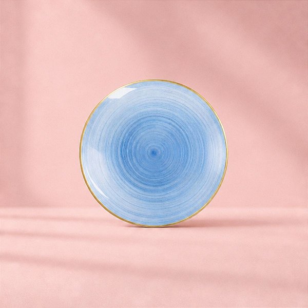 Prato Sobremesa Redondo Descartável Premium - Azul e Borda Dourada - 18cm - 6 unidades - Rizzo