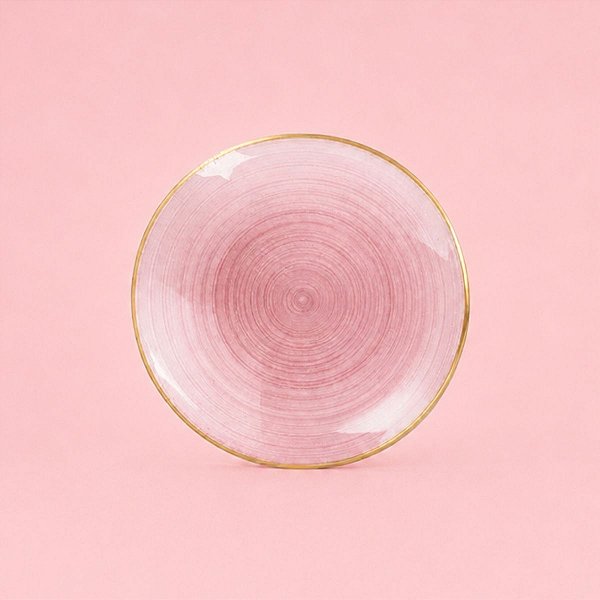 Prato Sobremesa Redondo Descartável Premium - Rosa e Borda Dourada - 18cm - 6 unidades - Rizzo
