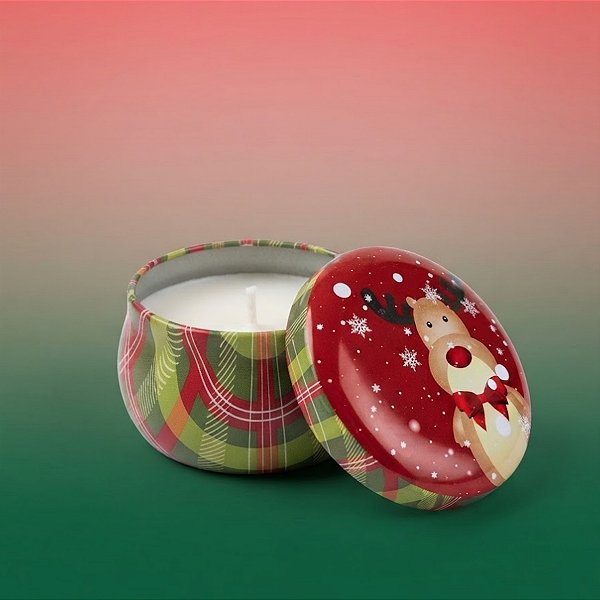 Vela Aromática de Natal - Lata Metálica Verde e Vermelho - Rena Natal - 6x4x6cm - 1 unidade - Rizzo
