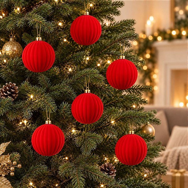 Bolas de Natal em Tubo - Vermelho - Veludo e Gomo - 8cm - 6 unidades - Cromus - Rizzo