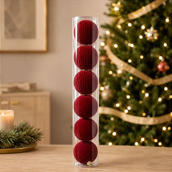 Bolas de Natal em Tubo - Borgonha - Veludo, Lisa e Gomo - 8cm - 6 unidades - Cromus - Rizzo