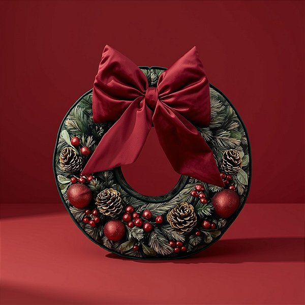Almofada de Natal com Cardone - Formato Guirlanda com Aplique de Laço Vermelho - 40x40cm - 1 unidade - Rizzo