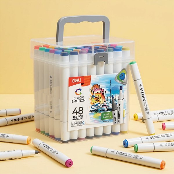 Kit Canetinhas Marcador para Colorir com Estojo - 48 Cores - Ponta Bullet 1mm e Cinzel 6,5mm - 1 unidade - Deli - Rizzo