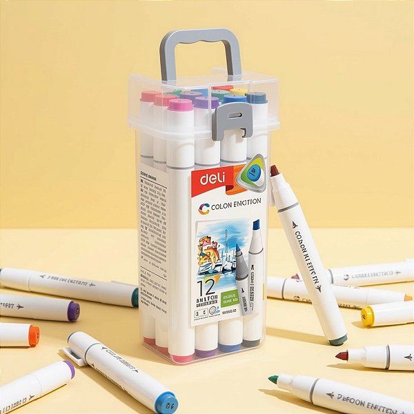 Kit Canetinhas Marcador para Colorir com Estojo - 12 Cores - Ponta Bullet 1mm e Cinzel 6,5mm - 1 unidade - Deli - Rizzo
