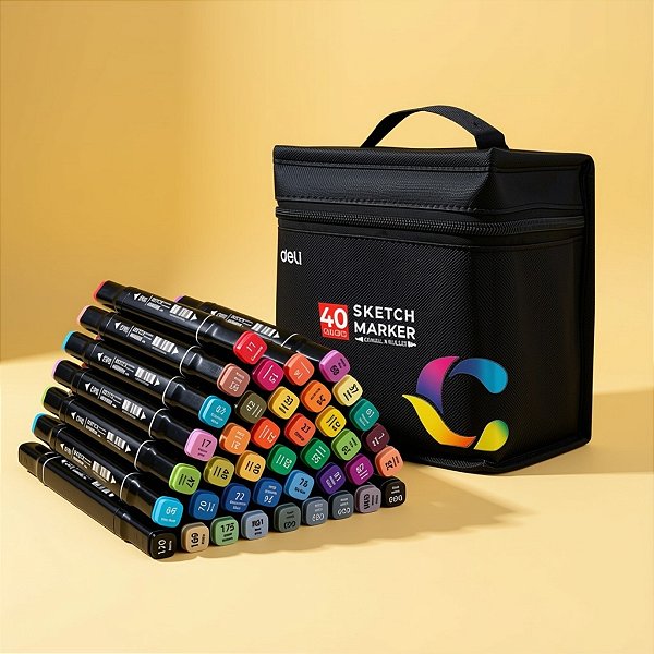 Kit Canetinhas Marcador para Colorir com Estojo - 40 Cores - Ponta Bullet 1mm e Chanfrada 6mm - 1 unidade - Deli - Rizzo