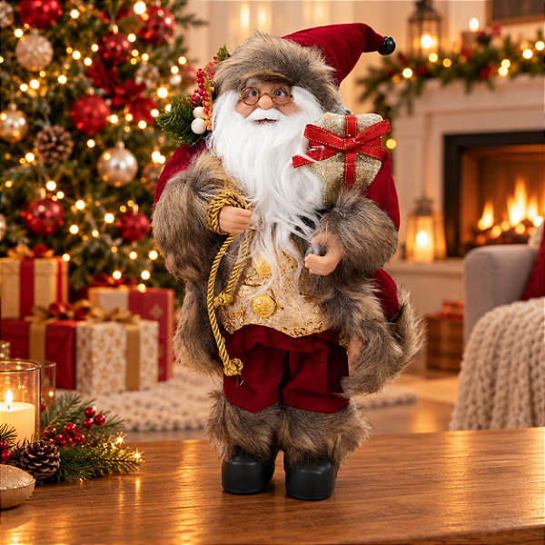 Papai Noel Decorativo em Pé com Presente - Vermelho - 30cm - RZO02542 - 1 unidade - Rizzo