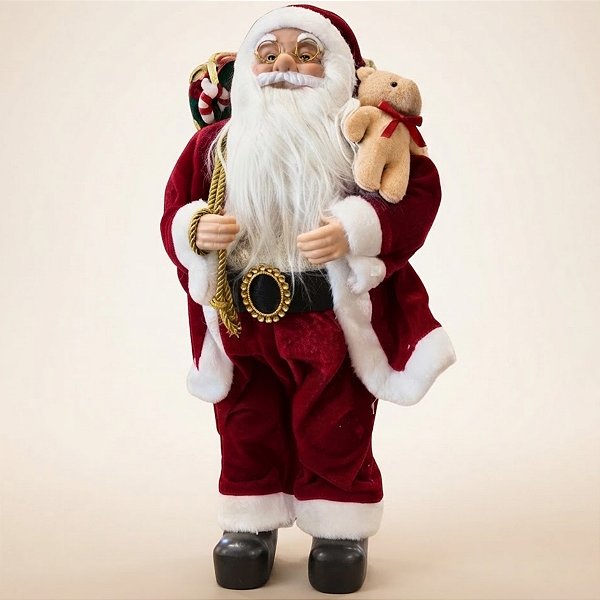 Papai Noel Decorativo em Pé com Saco de Presentes e Urso - Vermelho e Dourado - 90cm - RZO01904 - 1 unidade - Rizzo