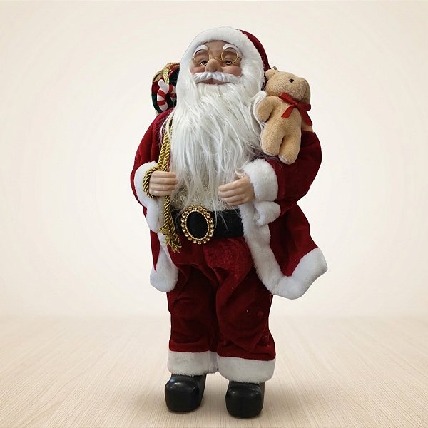 Papai Noel Decorativo em Pé com Saco de Presentes e Urso - Vermelho e Dourado - 45cm - RZO01902 - 1 unidade - Rizzo