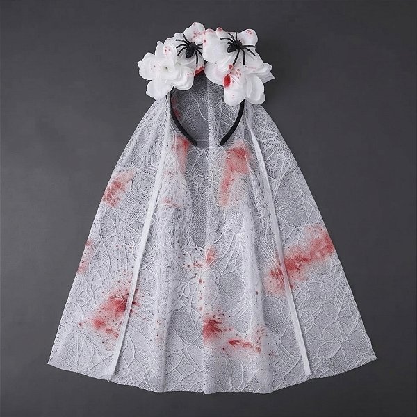 Tiara de Halloween - Véu de Noiva com Flores e Aranhas - 15x50cm - 1 unidade - Rizzo
