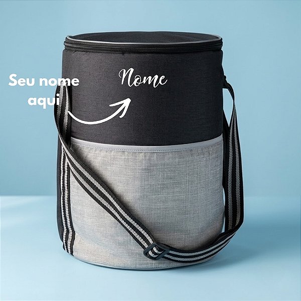 Bolsa Térmica Redonda 26L Personalizado com Nome - Cinza e Preto - 34x27cm - 1 unidade - Rizzo