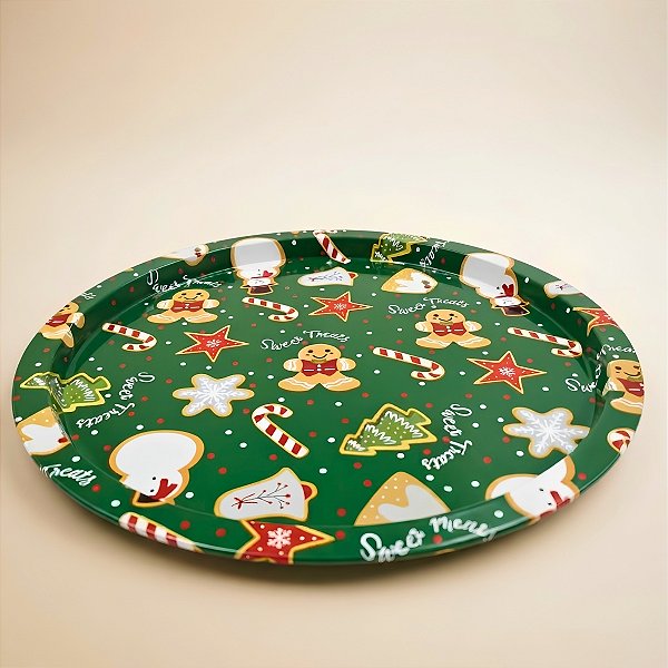 Bandeja de Metal Decorativa de Natal Redonda - Biscoitos Sweet Treats - 32x32x1,5cm - 1 unidade - Rizzo