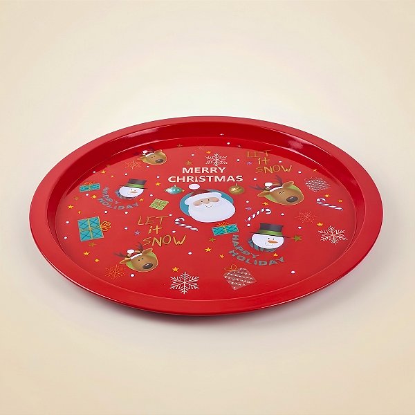 Bandeja de Metal Decorativa de Natal Redonda - Merry Christmas Noel - 32x32x1,5cm - 1 unidade - Rizzo