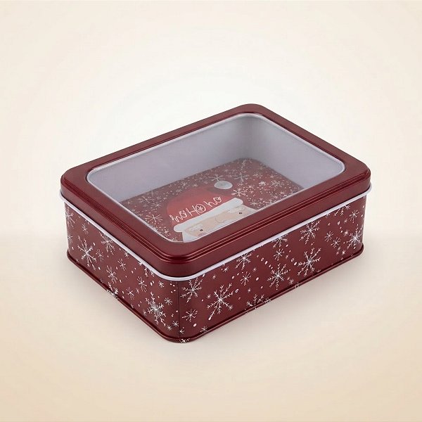 Lata de Natal de Metal com Visor - Vinho Papai Noel Ho Ho - 13x10x5cm - 1 unidade - Rizzo