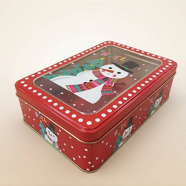 Lata de Natal de Metal com Visor - Vermelha Boneco de Neve Noel - 13x19x6cm - 1 unidade - Rizzo