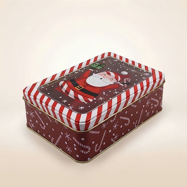 Lata de Natal de Metal com Visor - Vermelha - Noel com Doce e Presente - 13x19x6cm - 1 unidade - Rizzo