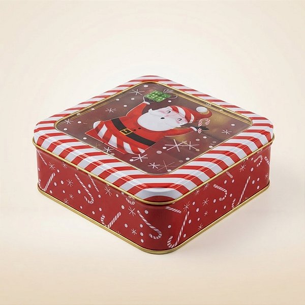 Lata de Natal de Metal com Visor - Vermelha - Noel com Doce e Presente - 15x15x6cm - 1 unidade - Rizzo
