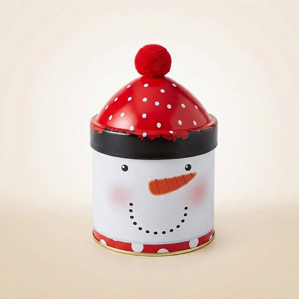 Lata de Metal de Natal Redonda - Boneco de Neve com Gorro e Pompom - 9x15x9cm - 1 unidade - Rizzo