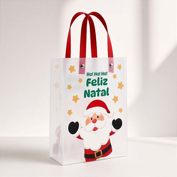 Sacola Transparente Fosca Com Alça de Fibra Vermelho - Ho! Ho! Ho! - 15x20cm - 1 unidade - Rizzo