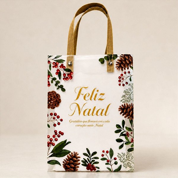 Sacola Transparente Fosca Com Alça de Fibra Bege - Gratidão Que Floresce - 20x25cm - 1 unidade - Rizzo