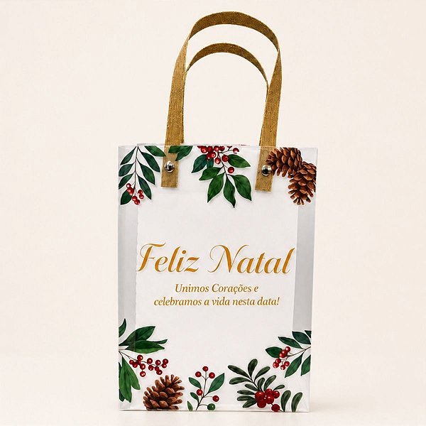 Sacola Transparente Fosca Com Alça de Fibra Bege - Celebramos a Vida - 20x25cm - 1 unidade - Rizzo