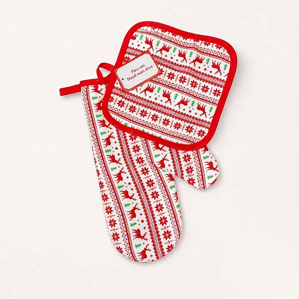 Kit Luva e Pegador Cozinha - Natal Rena - Branca - 25x17cm - 1 unidade - Rizzo