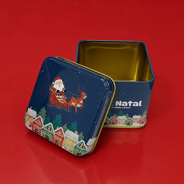 Lata de Metal de Natal - Muita União e Amor - Azul Escuro - 8x8x6,3cm - 1 unidade - Rizzo