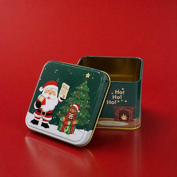 Lata de Metal de Natal - Lata de Metal de Natal - Ho! Ho! Ho! - Verde - 8x8x6,3cm - 8x8x6,3cm - 1 unidade - Rizzo