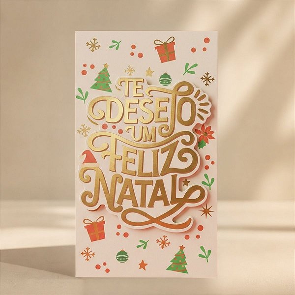 Cartão de Natal 3D - Te Desejo um Feliz Natal - Bege e Dourado - 21,5cm - 1 unidade - Rizzo