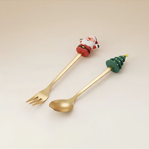 Kit Colher e Garfo para Sobremesa de Natal - Papai Noel e Árvore - 17cm - 2 unidades - Rizzo