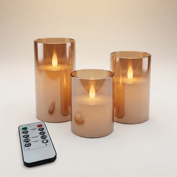 Kit Velas Eletrônicas de Led com Controle Remoto - Vidro Castanho - 3 unidades - Rizzo