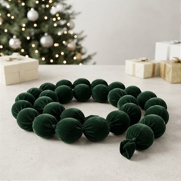Cordão Maxi Bolas de Natal 6cm - Veludo Verde - 185cm - 1 unidade - Rizzo