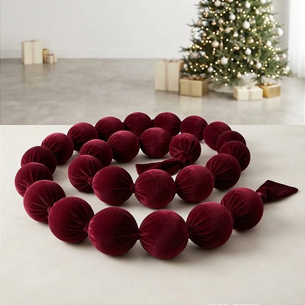 Cordão Maxi Bolas de Natal 6cm - Veludo Bordô - 185cm - 1 unidade - Rizzo