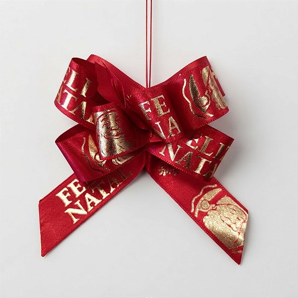 Laço Fácil de Fita de Cetim Decorada - Feliz Natal - Vermelha Rosto Papai Noel - 22mm - 5 unidades - Progresso - Rizzo