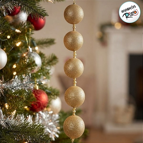 Cordão Bolas de Natal - Ouro - Glitter - 7x40x7cm - 1 unidade - Cromus - Rizzo
