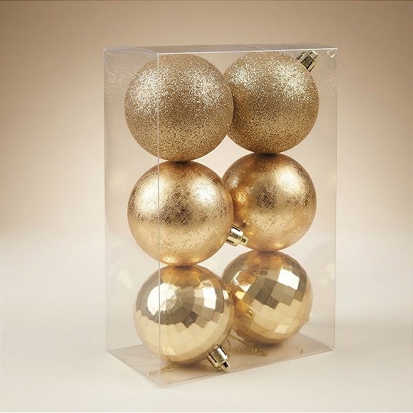 Bola de Natal - Ouro - Glitter, Texturizada e Espelhada - 8cm - 6 unidades - Cromus - Rizzo