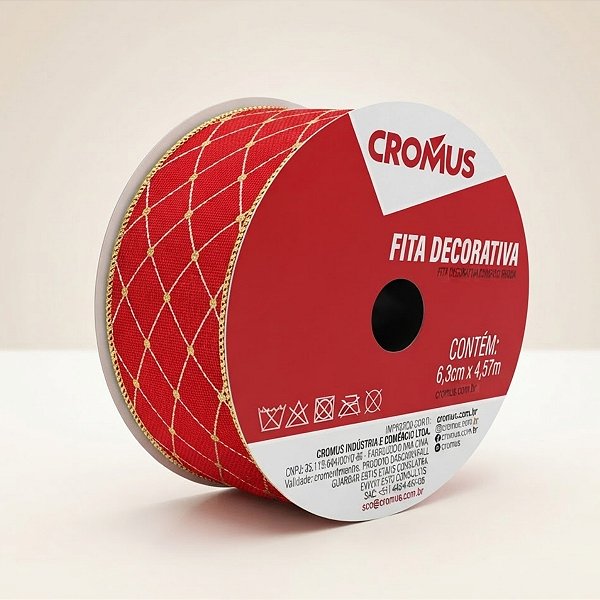 Fita Aramada Decorativa de Natal - Losango - Vermelho, Branco e Ouro -  6,3cmx4,57m - 1 unidade - Cromus - Rizzo