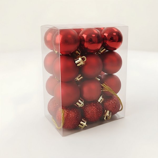 Mini Bolas de Natal - Vermelha - Lisa, Fosca, Texturizada e Glitter - 3cm - 24 unidades - Cromus - Rizzo