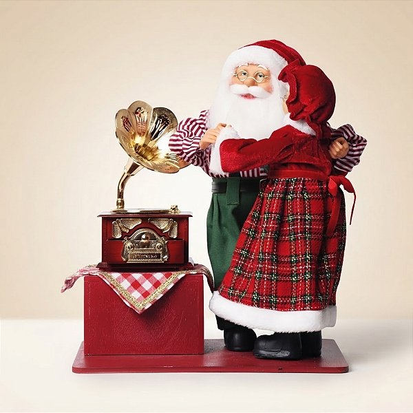 Papai Noel e Mamãe Noel com Gramofone Musical Decorativo - 35x42x25cm - 1 unidade - Cromus - Rizzo
