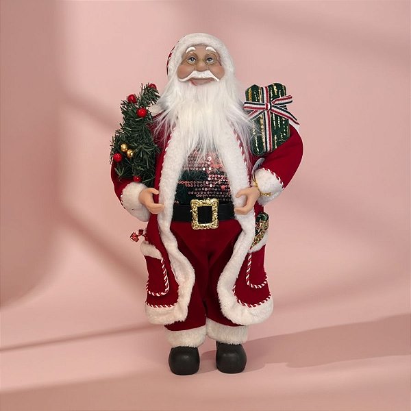 Papai Noel Decorativo em Pé com Árvore e Presente - Vermelho e Verde - 40x30,5x21cm - 1 unidade - Cromus - Rizzo