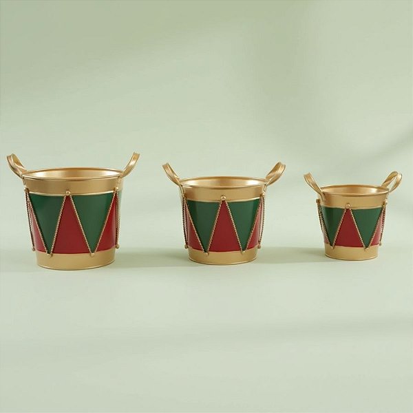 Cachepot com Alça Triagular Decorativo de Natal - Ouro, Vermelho e Verde - P/M/G - 3 unidades - Cromus - Rizzo