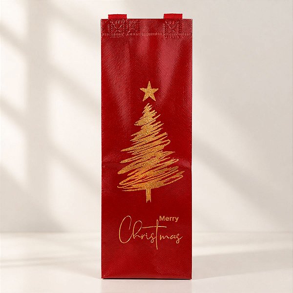 Sacola Para Bebidas de Natal - Merry Christmas - Vermelho - 12x35x9cm - 1 unidade - Rizzo