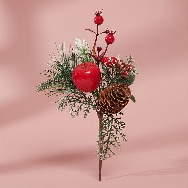 Galho Decorativo de Natal - Com Pinha e Folhas - Verde, Vermelho e Branco - 25x13,5cm - 1 unidade - Cromus - Rizzo