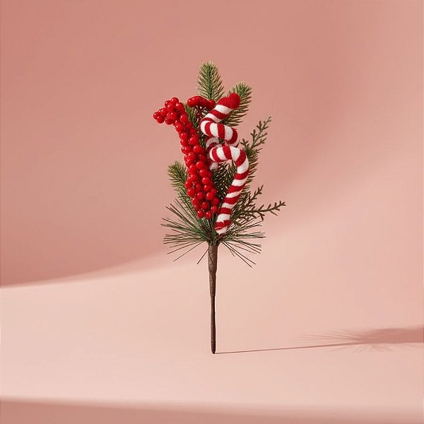 Galho Decorativo de Natal - Com Azevin Espiral - Verde, Vermelho e Branco - 32x15cm - 1 unidade - Cromus - Rizzo