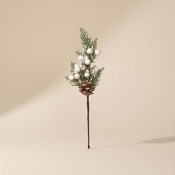 Galho Decorativo de Natal - Com Pinha e Poa - Verde e Branco - 30x11cm - 1 unidade - Cromus - Rizzo